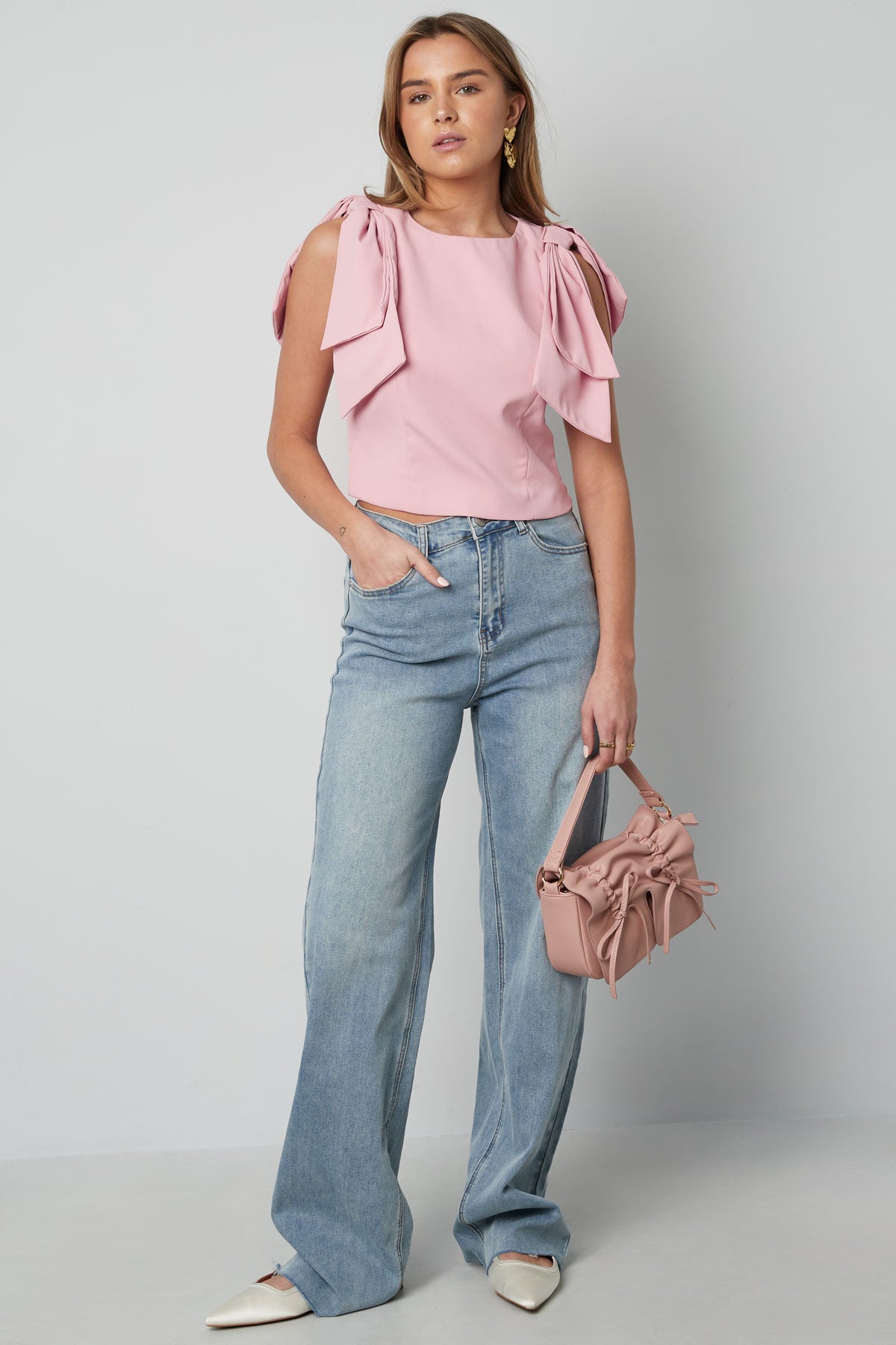 Polyester Vrouwen Korte Mouw Top Plooimouw Ontwerp