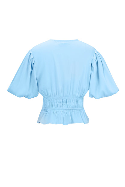 Polyester Vrouwen Korte Mouw Top Puff Sleeve Tie Waist