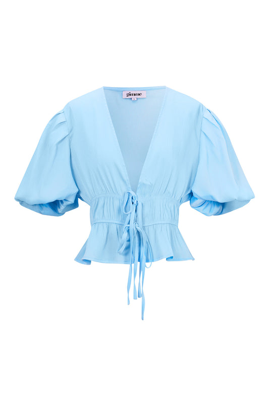 Polyester Vrouwen Korte Mouw Top Puff Sleeve Tie Waist