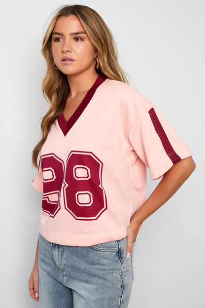 Gebreide Katoen Vrouwen V-hals T-shirt Sportief Kleurcontrast