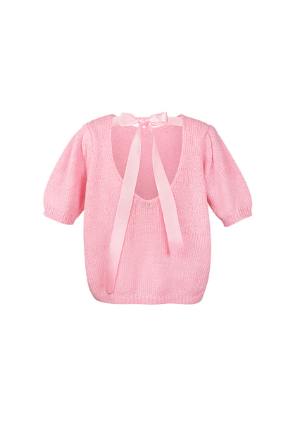 Nylon Vrouwen Korte Mouw Top Gebreid Achterknoop Ontwerp