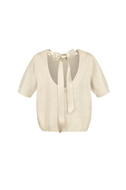 Nylon Vrouwen Korte Mouw Top Gebreid Achterknoop Ontwerp
