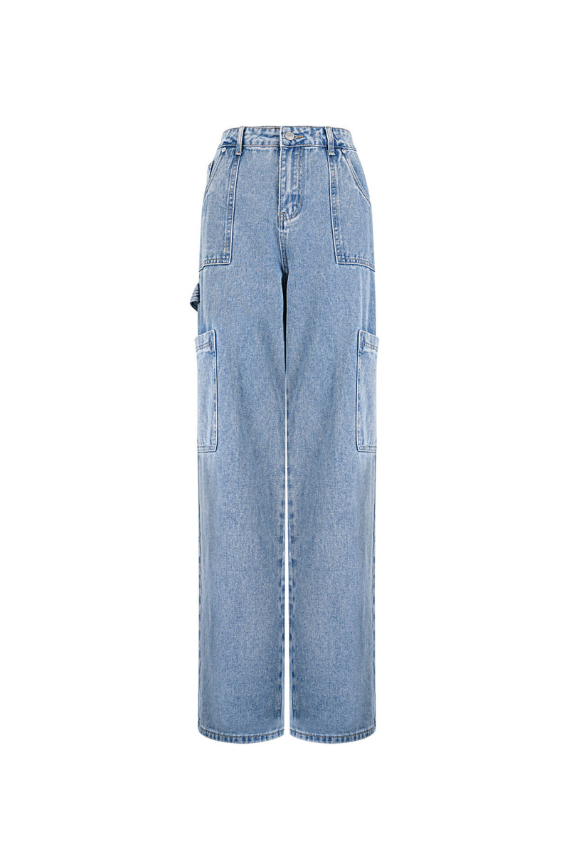 Katoen Geweven Vrouwen Rechte Jeans Casual Effen Kleur Medium Indigo