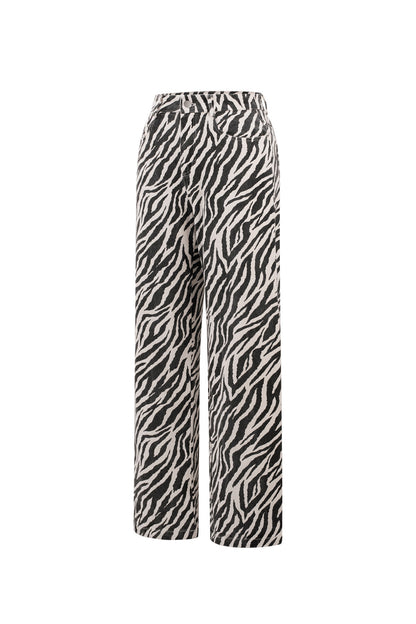 Geweven Katoen Vrouwen Rechte Broek Casual Zebra Strepen