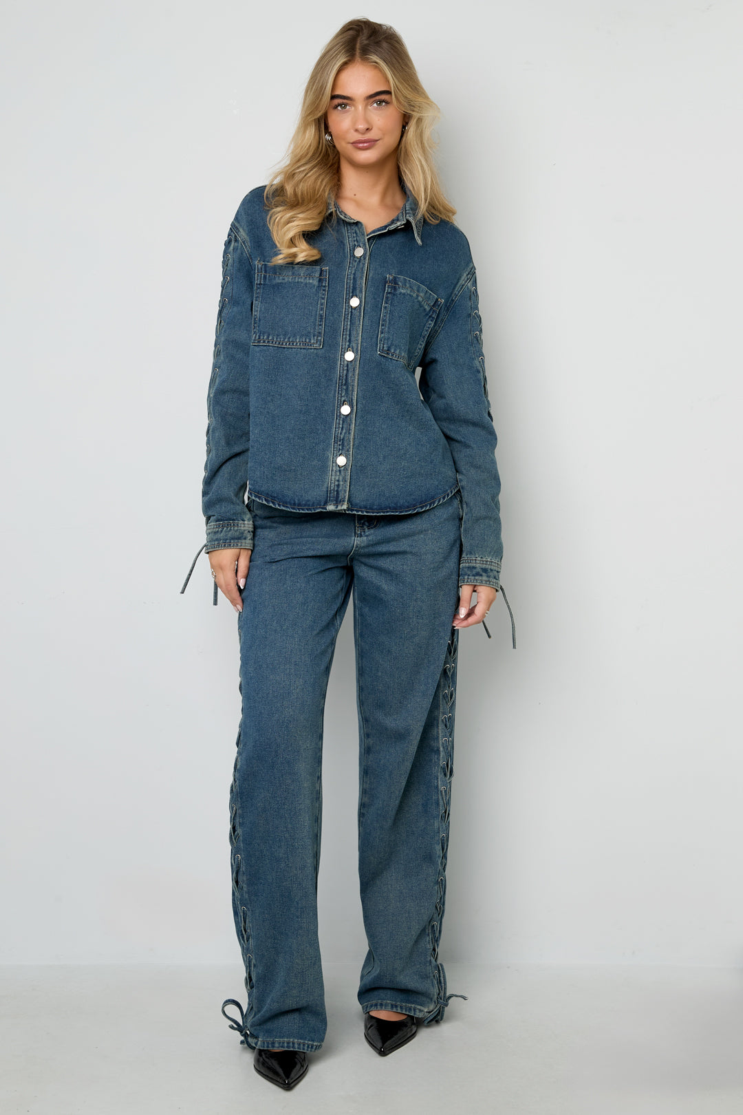 Geweven Katoen Vrouwen Rechte Broek Met Sluiting Casual