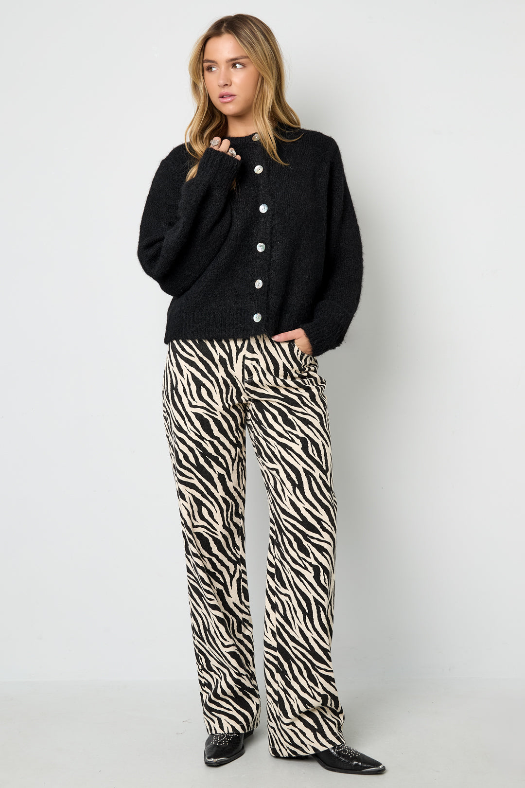 Geweven Katoen Vrouwen Rechte Broek Casual Zebra Strepen