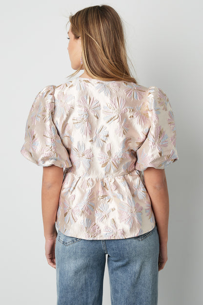 Geweven Polyestervezel Vrouwen Korte Mouw Top Elegante Bloemenprint