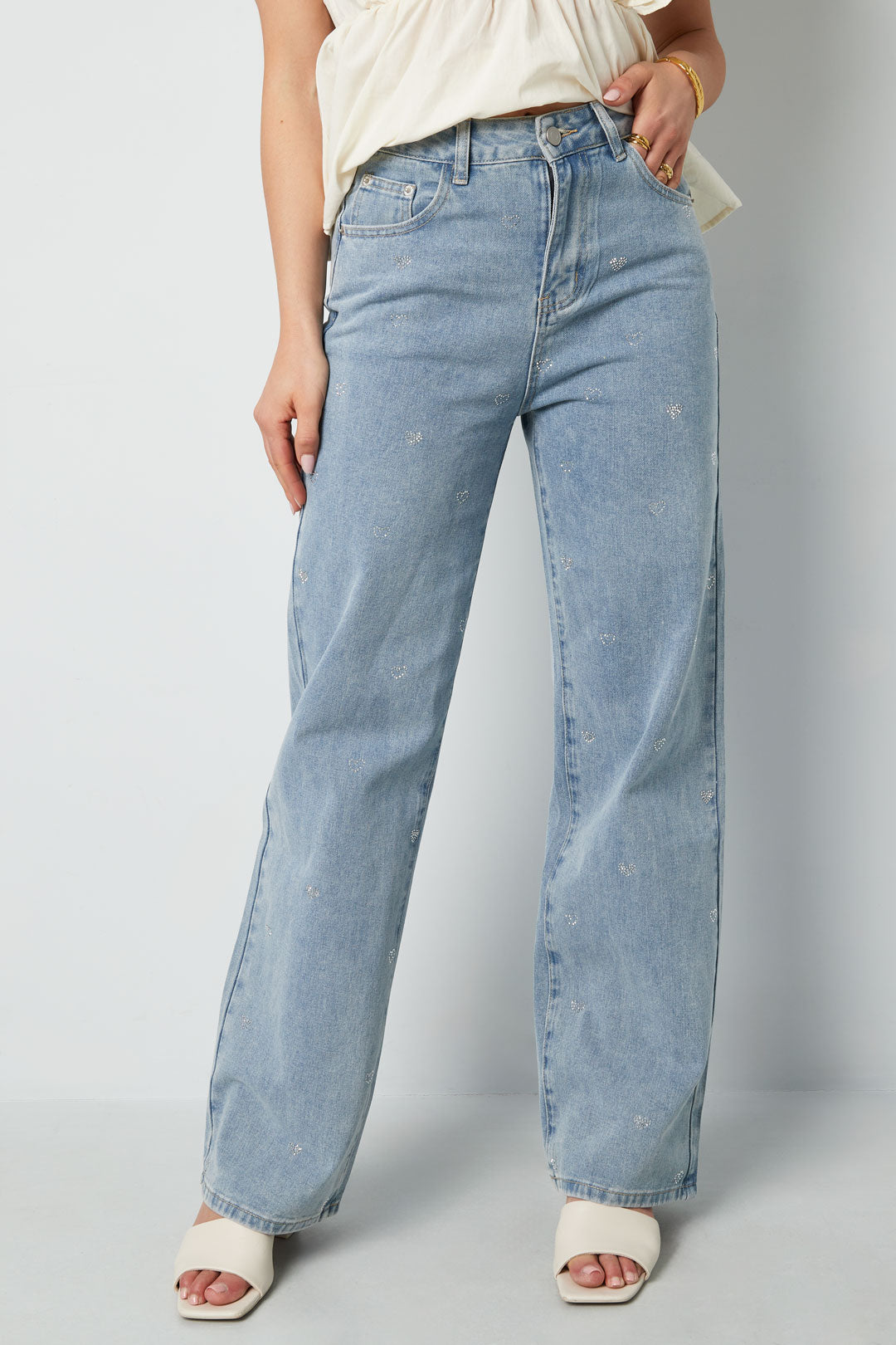 Cotton Woven Vrouwen Rechte Jeans Hart Borduurwerk Casual