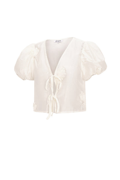 Organic Cotton Woven Vrouwen Korte Mouw Top Bohemian Floral Print Bow