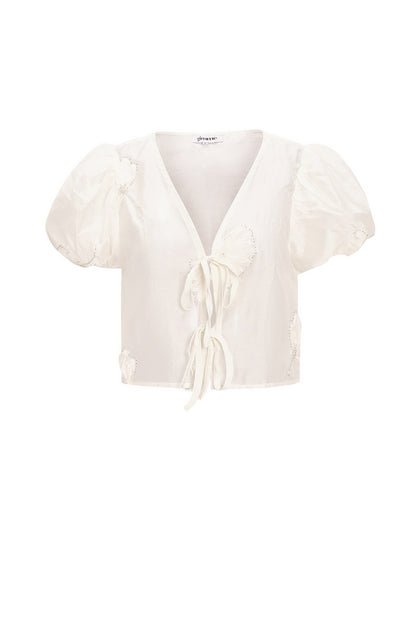 Organic Cotton Woven Vrouwen Korte Mouw Top Bohemian Floral Print Bow