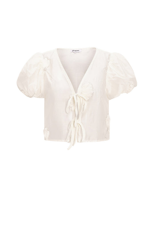 Organic Cotton Woven Vrouwen Korte Mouw Top Bohemian Floral Print Bow