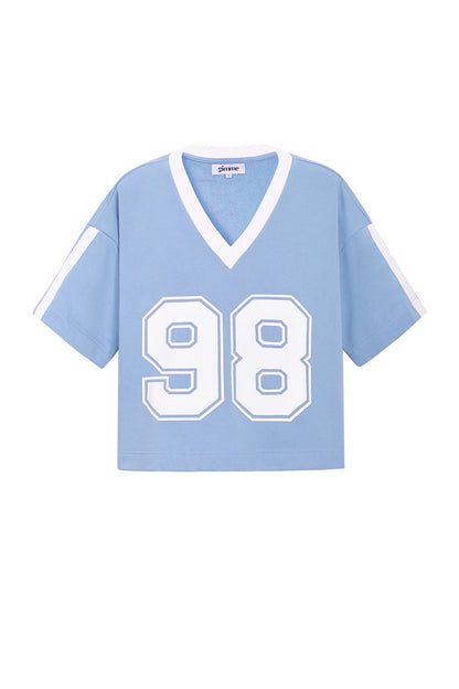 Gebreide Katoen Vrouwen V-hals T-shirt Sportief Kleurcontrast