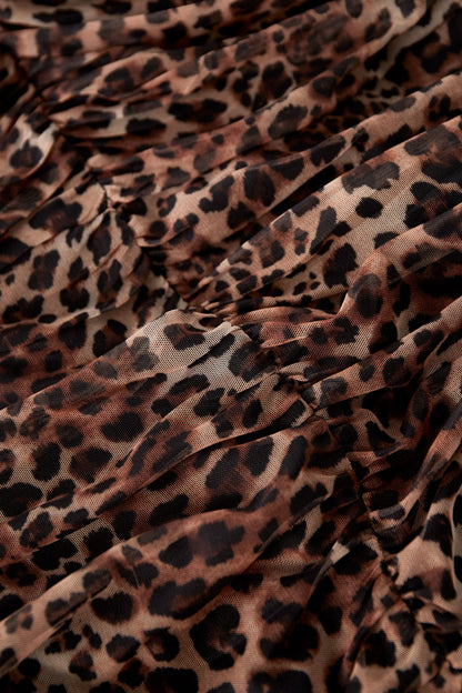 Geweven Polyester Mini Jurk Elegante Luipaardprint Ruchesrand